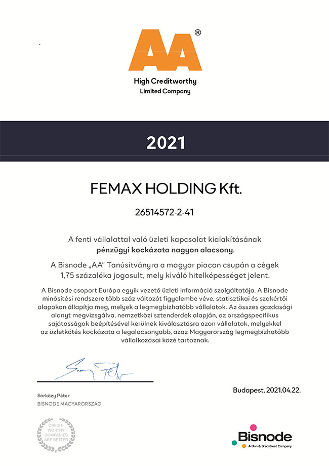 Femax Holding Kft. - AA High Creditworthy. Pénzügyileg stabil vállalkozás a Bisnode minősítése alapján
